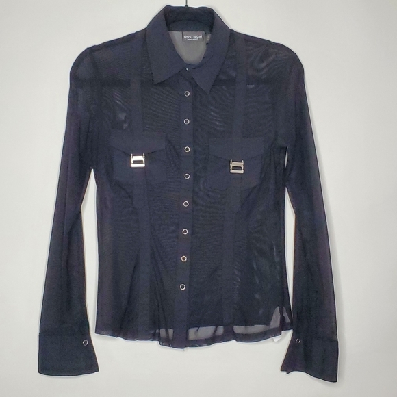 Bisou Bisou Sheer Black Top Size M Snap Front Buckle Pocket Shirt Cyber Goth - Picture 2 of 13